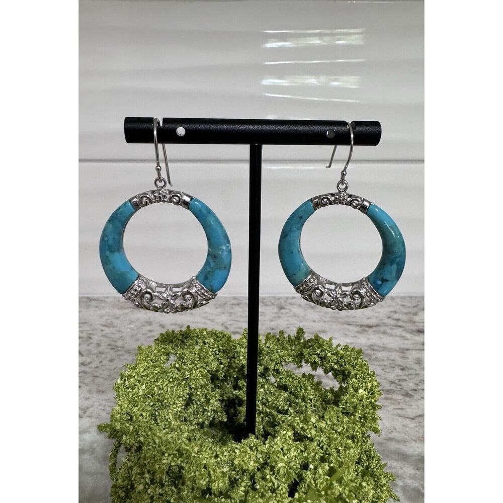 Sterling Silver NF Thailand Signed Turquoise Dangle Hoop Earrings